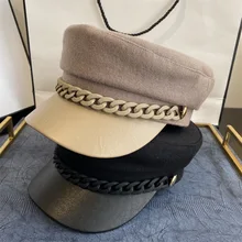 2021 New SpringTrendy Women's Hat Woolen Cloth Splicing Acrylic Chain Pu Brim Fashion Lady Octagonal Hat Women Visors Cap