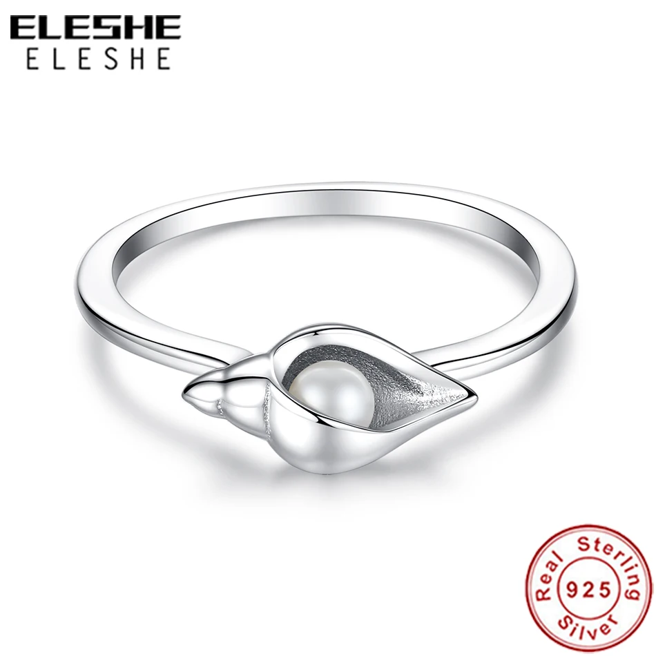 

ELESHE 2019 New Fashion 925 Sterling Silver Rings for Women Imitation Pearl Ocean Conch Finger Ring Wedding Engagement Jewelry