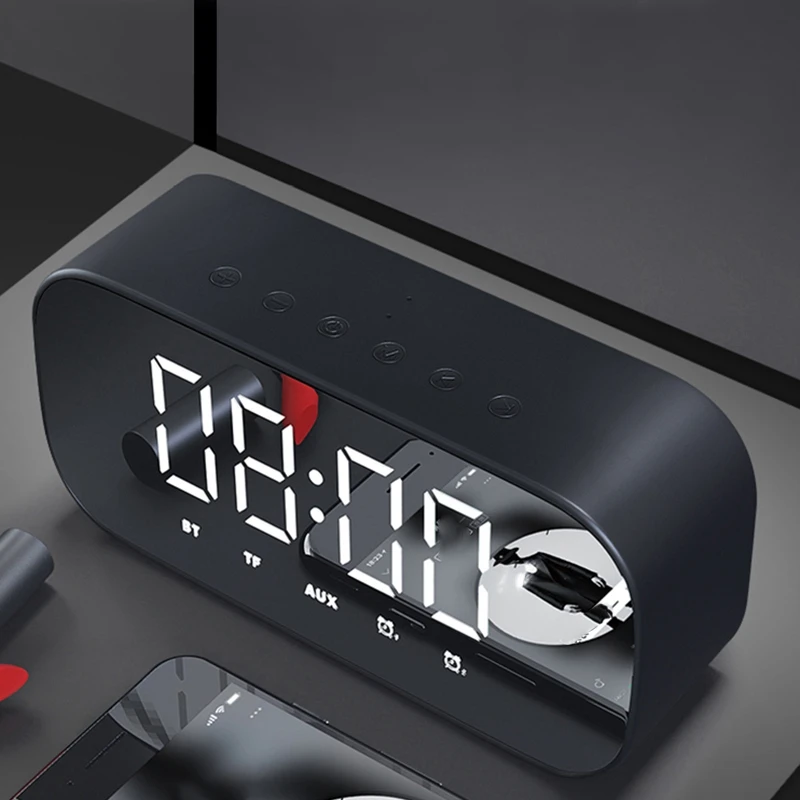 

NEW-Bluetooth Speaker with FM Radio LED Mirror Alarm Clock Subwoofer Music Player Snooze Desktop Clock Wireless