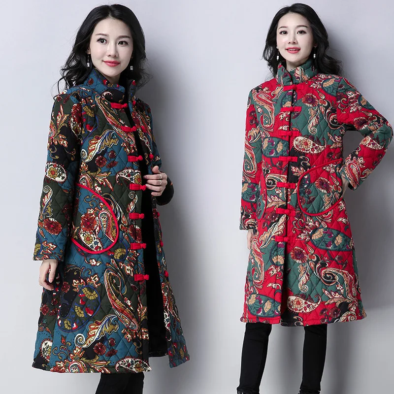 

Cotton Linen Printed Mid-length Cotton Overcoat Women's 2019 Winter New Style Ethnic-Style Retro Large Size Dress Frog Cotton Co