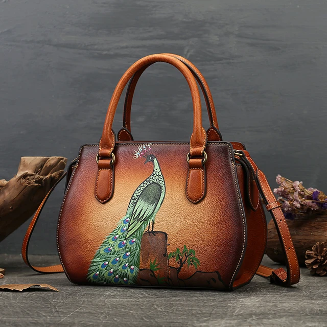 Hand-painted Leather Peacock Tote Bag