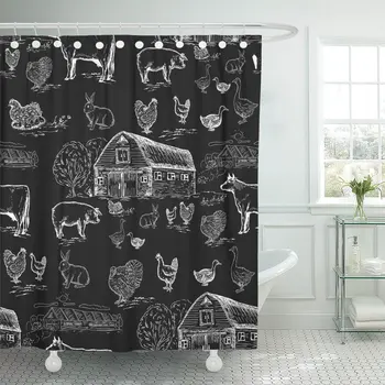 

Vintage Farm Animals Chalkboard Style Cows Geese Chickens Pigs Turkey House Butcher Engraving Shower Curtains Waterproof