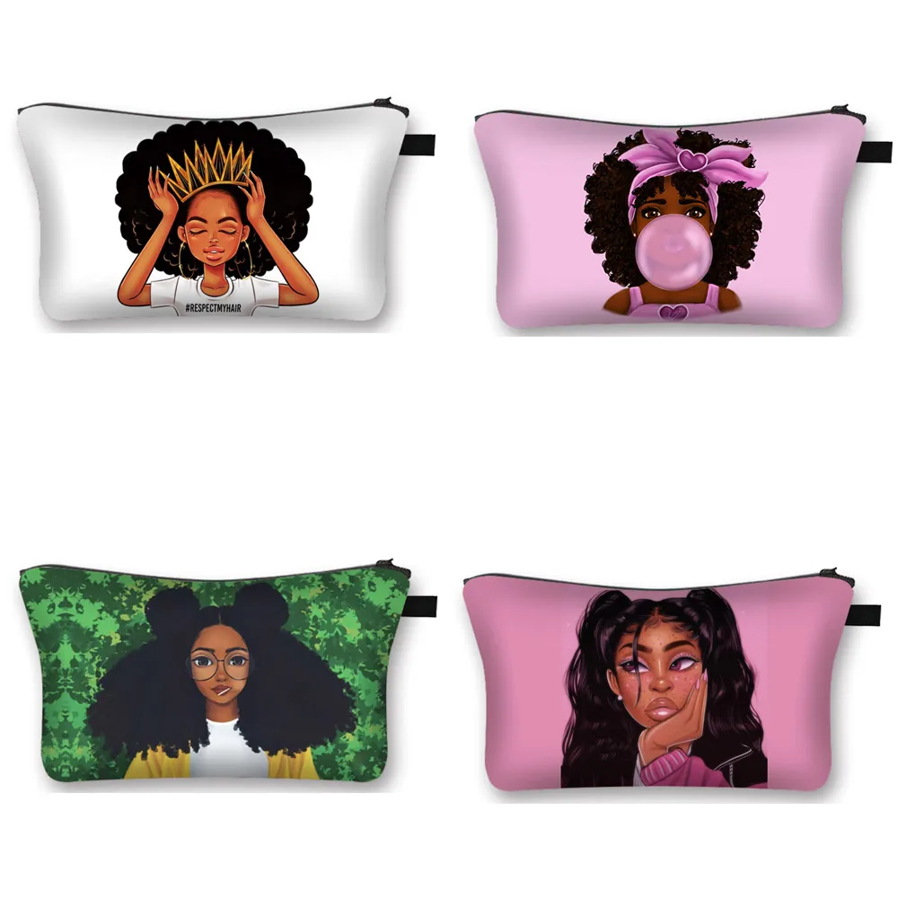 

cute afro girl print cosmetic case Africa women fashion makeup bag ladies toiletry bags female Travel organizer make up bags