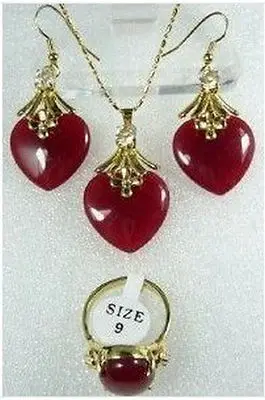 FREE SHIPPING&gt&gt@&gt Nice Red jade Necklace Earrings Ring Set AAA 18K GP Plated gold Bridal wide watch wings queen JEWE Natural |