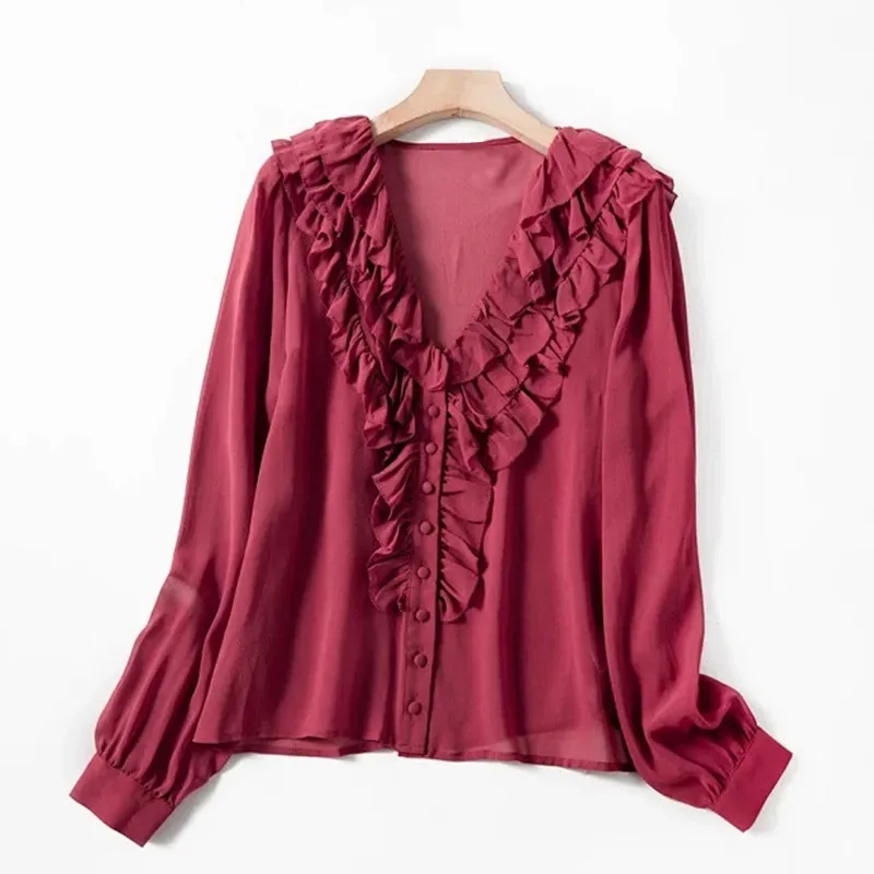 

Stringy Selvedge Women Blouse Elegant Lady v neck Long Sleeve Loose Shirt Top