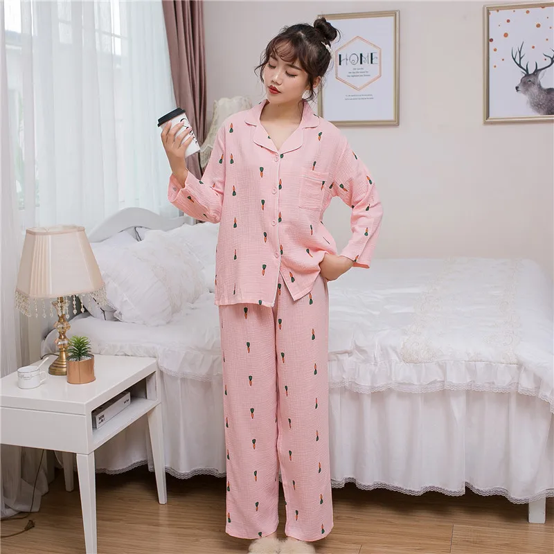 Full Printed Carrot Picture Cotton Cardigan V-neck Pajamas Set for Ladies Autumn and Winter Cute Sweet Home Clothes Women Pijama