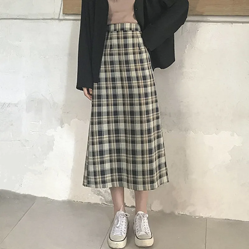 Осень Высокая талия длинная миди клетчатая юбка для женщин Винтаж Harajuku уличная мода разрез сзади трапециевидной формы юбки jupe femme