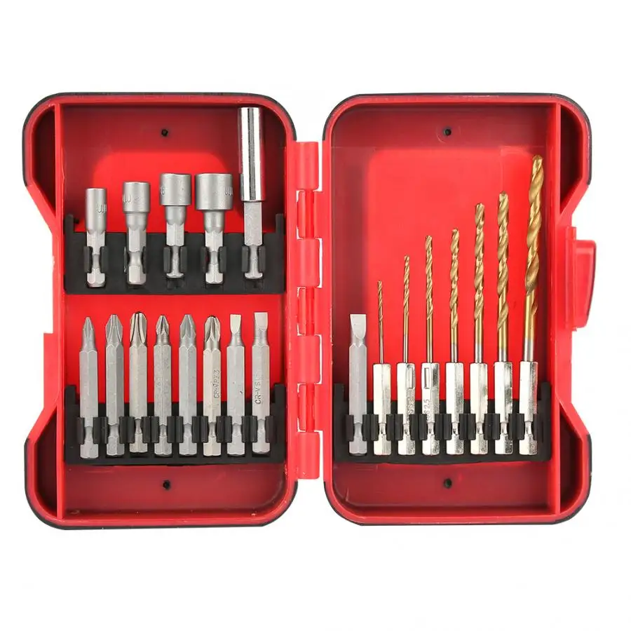 

21-piece Professional Hex Shank Screwdriver and Drill Bit Set with Red Plastic Box Tool