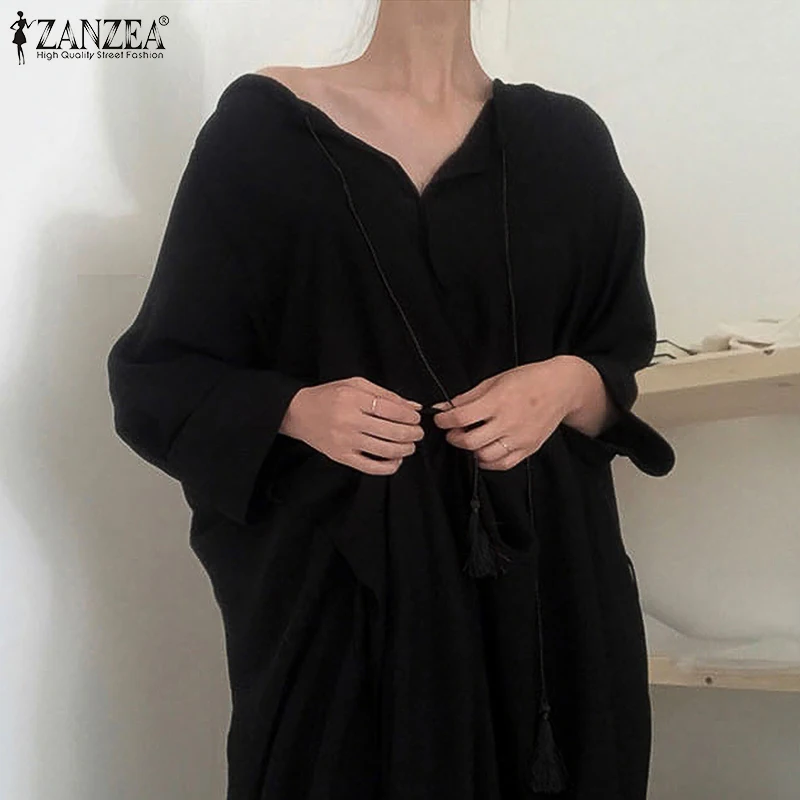 ZANZEA женское платье Осень Черный Макси Длинный Сарафан халат Винтаж V образным вырезом рукав хлопок лен Vestido сплошной кафтан Femme 7