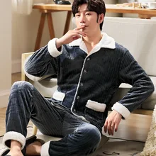 Two Piece Shirt&Pants Lounge Wear Coral Fleece Male Sleepwear Winter Warm Pajamas Set  Soft Flannel Home Clothes Pyjamas