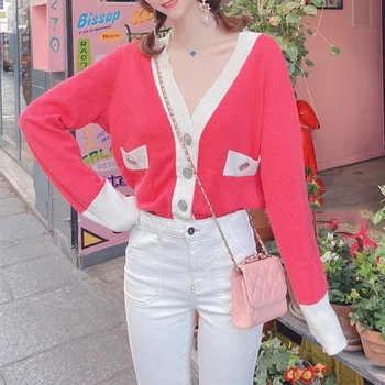 

Sweet colorblock pocket loose v-neck long-sleeve women knitted sweater wild sweater coat