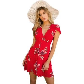 

Women Short sleeve V Neck Floral Print Mini Skater Dress