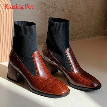 

Krazing pot new sock boots natural leather knitting stone pattern round toe thick high heel slip on elegant lady ankle boots L67