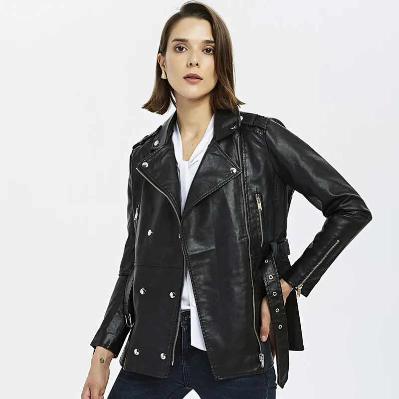 

2019 new Female Leather Jacket occident PU Women Biker Jacket Slim double breasted long Faux Leather Coat with belt Black Jacket