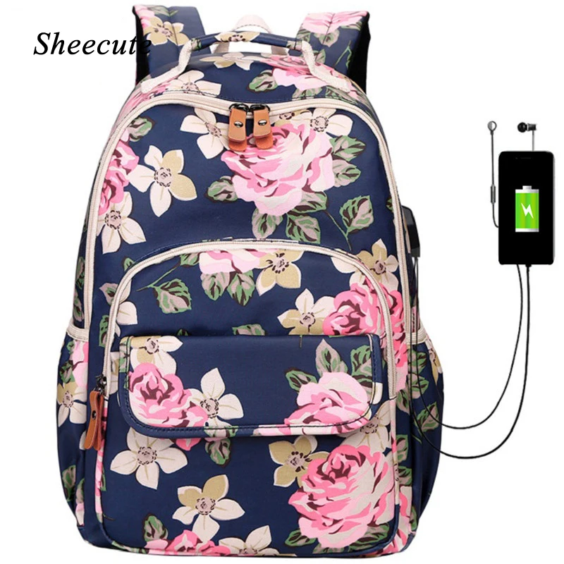 

Waterproof Backpack Children School Bag for Teenager Girls Backpack USB Charge Travel Bags Fashion Flowers Print Kids Backpack