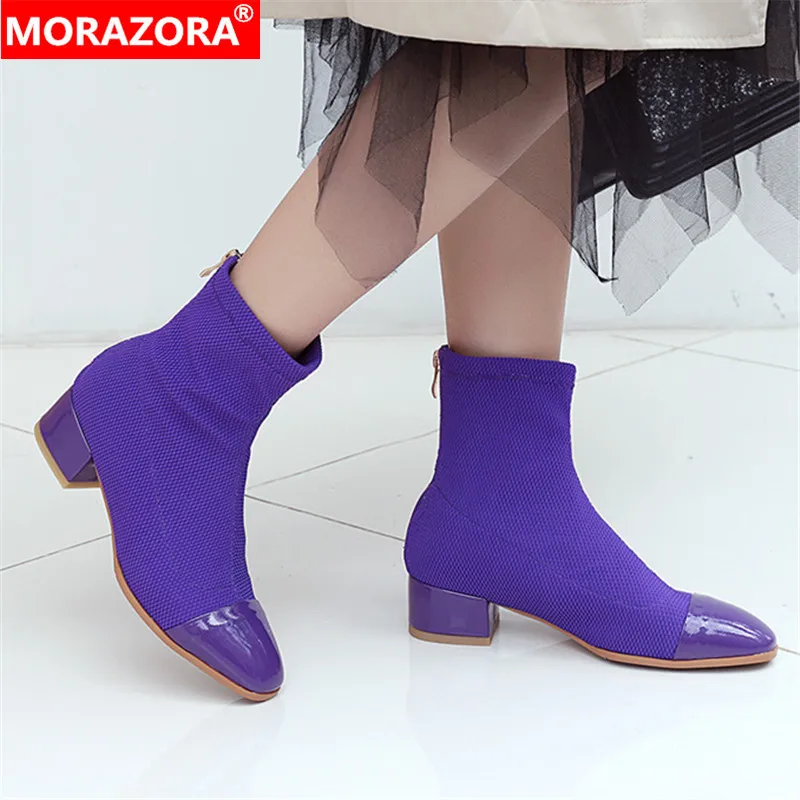 

MORAZORA 2020 top quality patent leather shoes women ankle boots zip fashion Stretch boots square heels autumn shoes woman