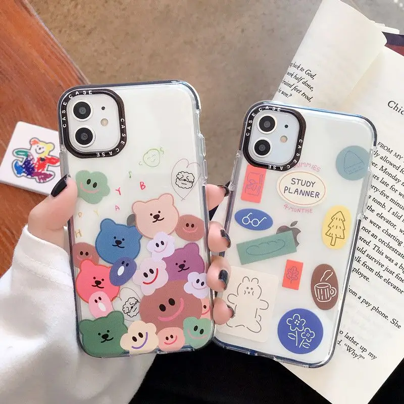

Black lens ring protect case for iPhone 11 Pro X XS Max XR 7 8 Plus art painting cotton candy bear transparent bumper back cover
