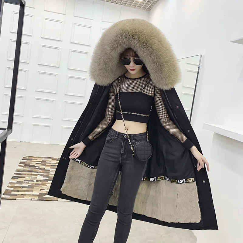 longer black 3 Зимнее женское длинное пальто из натурального меха с воротником из натурального Лисьего меха, свободная парка, пальто, съемная подкладка из натурального кроличьего меха - Цвет: longer black 3
