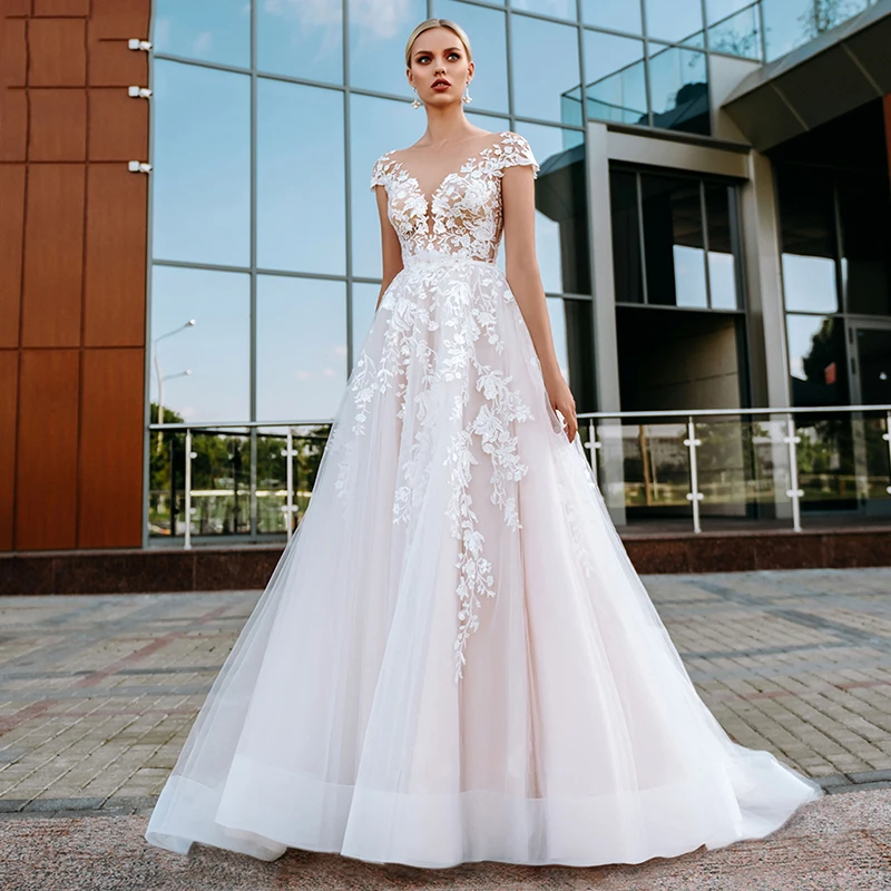 

Verngo A Line Appliques Lace Boho Wedding Party Dress Cap Sleeves Sheer Scoop Bridal Dresses Buttons Sweep Train Bride Gowns