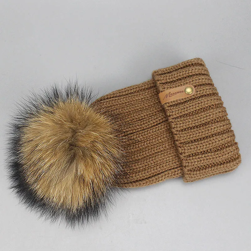 M Для взрослых и детей, вязаная шапка с натуральным мехом Pom pom Зимняя Толстая зимняя шапка для мальчиков и девочек; теплые головные уборы Skullies Beanies для маленьких детей мягкие Кепки для детей - Цвет: M
