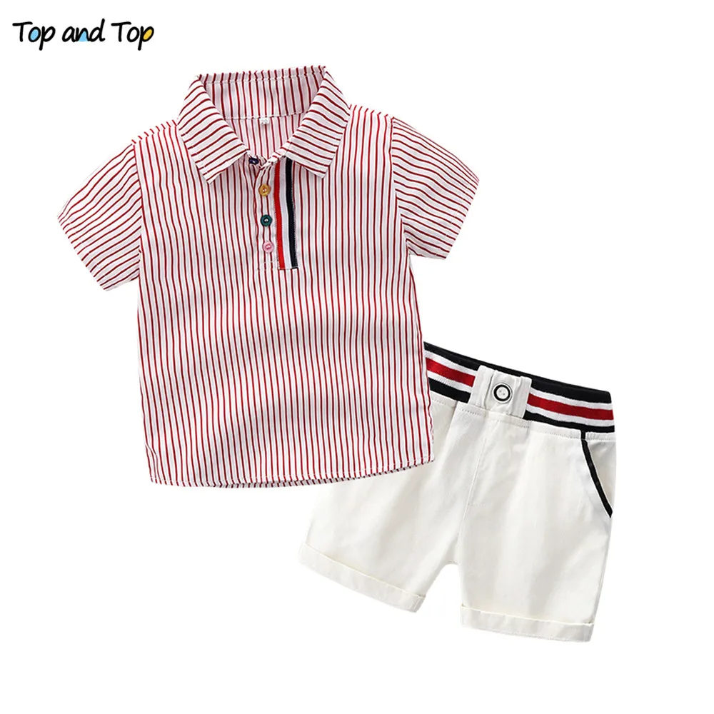 Топ и топ; летний модный комплект одежды для маленьких джентльменов; рубашка в полоску с короткими рукавами+ белые брюки деловой комплект с шортами - Цвет: Красный