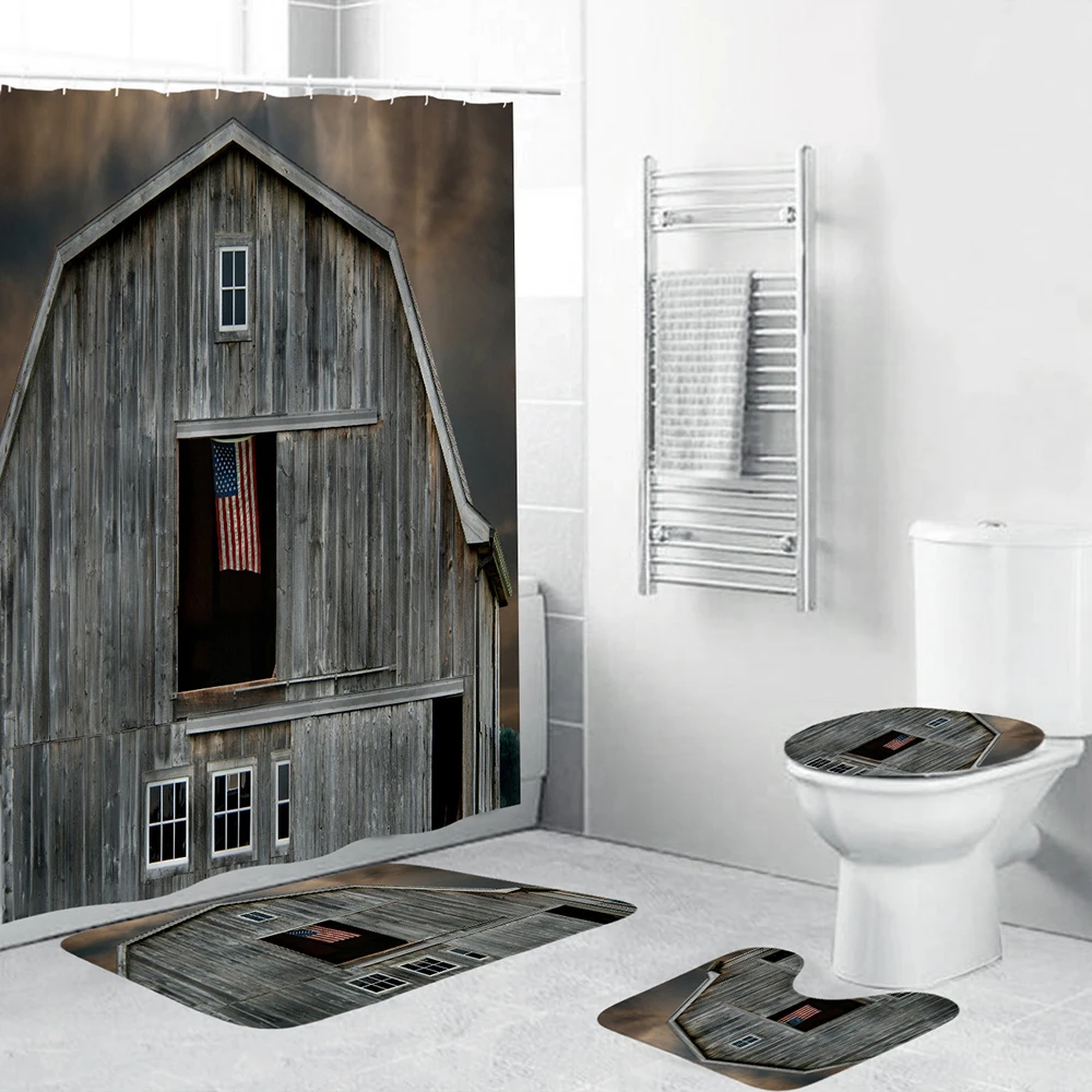 

Old Wooden House Vintage Shower Curtain 4 Piece Set Soft Bathroom Accessories Durable Fabric Curtain For Decoration