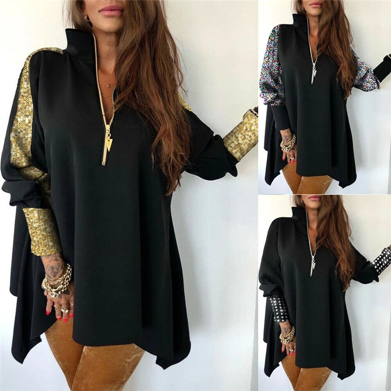 

Blouse Women Womens tops and Blouses Plus Size Zipper Shirt Fashion Loose Blouse Sequins Long Sleeve Tops Clothes tunic