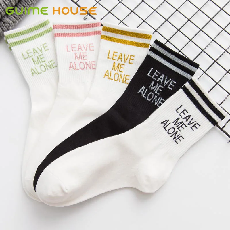

GUIME HOUSE Stripe Print Letter Leave Me Alone Cotton Socks Girls Breathable Soft Crew Socks For Women Sport Sock harajuku