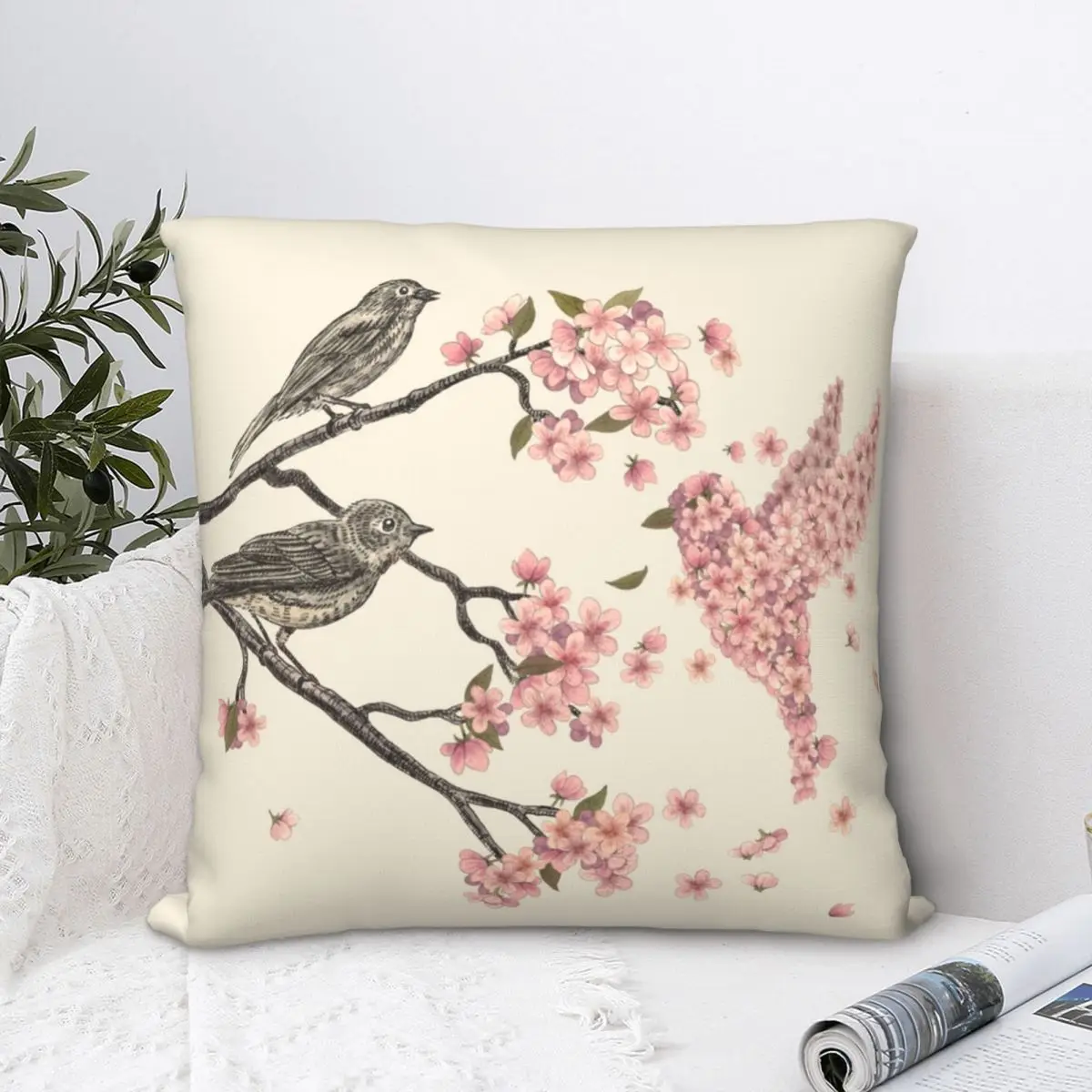 

Квадратный чехол для подушки с цветущей птицей, чехол для подушки, креативный чехол на молнии для дома, декоративная подушка из полиэстера, ...
