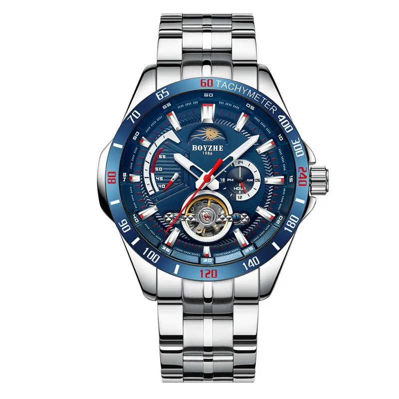 

Blue surface tourbillon watch men's automatic mechanical watch man waterproof watches fashion luminous moon phase clock hollow