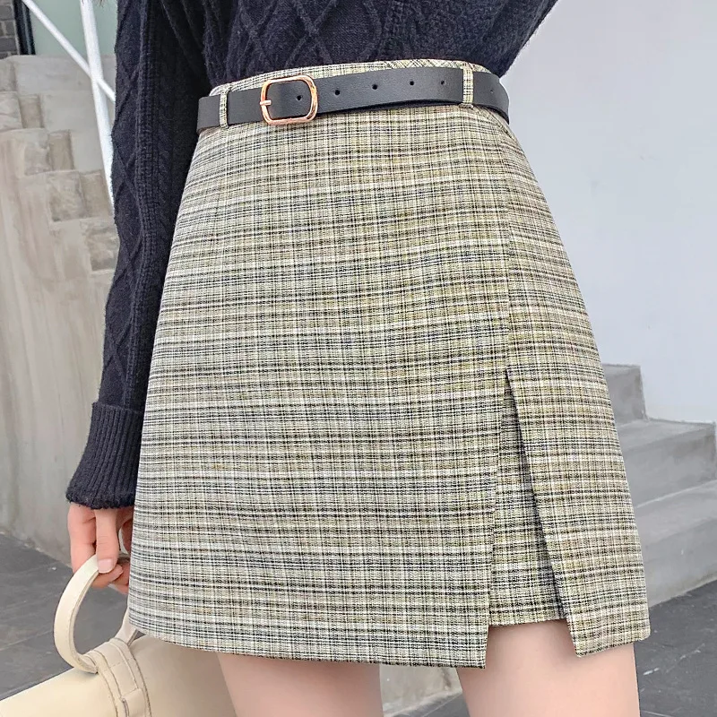 

2019 Autumn And Winter High-waisted Thousands of Birds Woolen Irregular Skirt