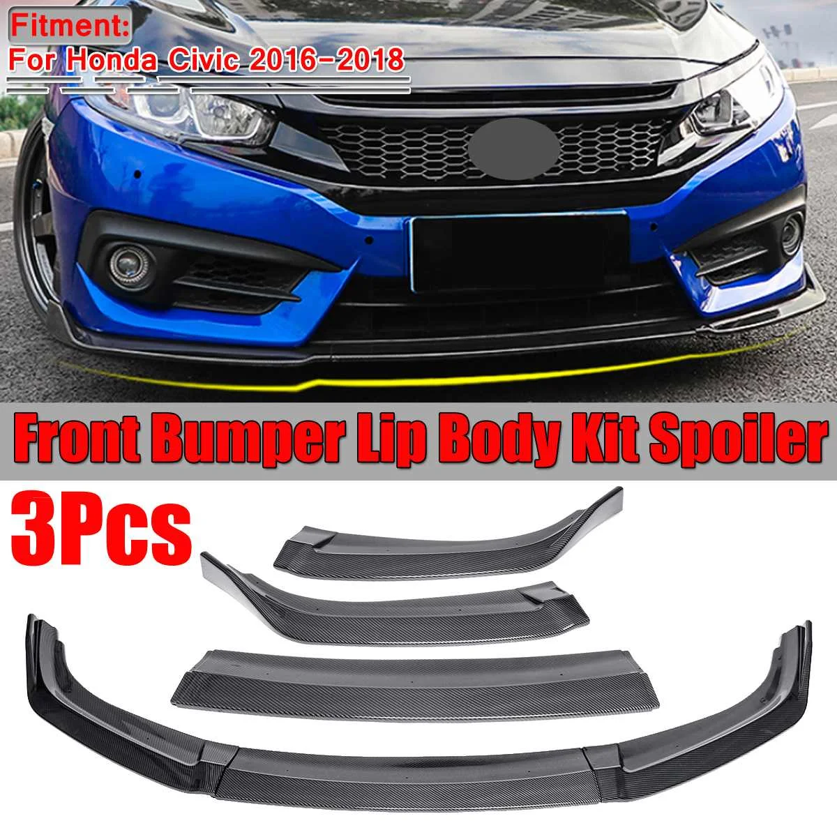 3 шт. автомобиль передний бампер спойлер Диффузор Крышка Накладка для Honda Civic 2016 2017