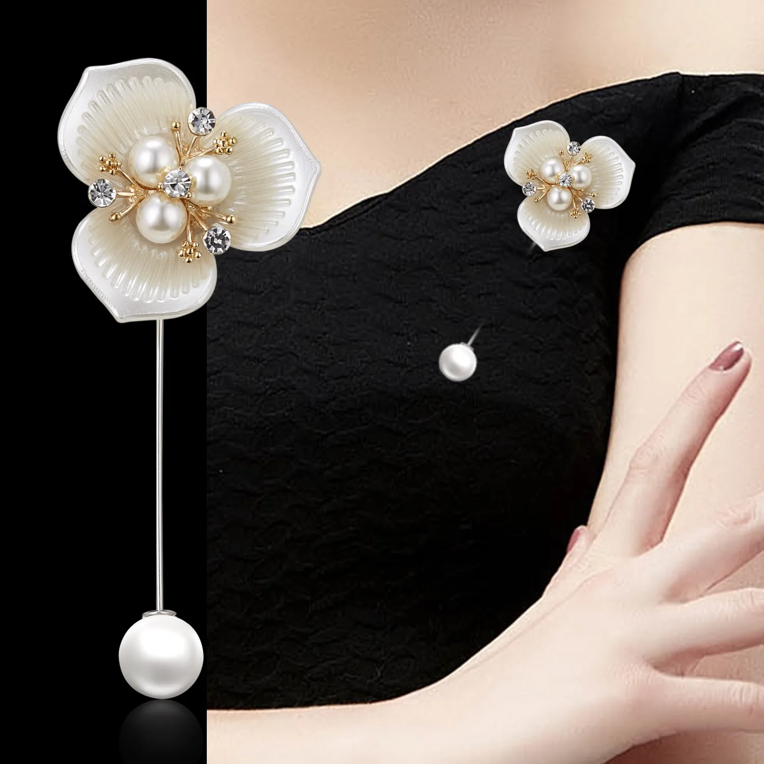Rinhoo Strass Weiß Nachahmung Perlen Shell Form Kamelie Brosche Kragen Pin Hemd Mode Abzeichen Blume Blütenblatt Hochzeit Corsage – Detail 35