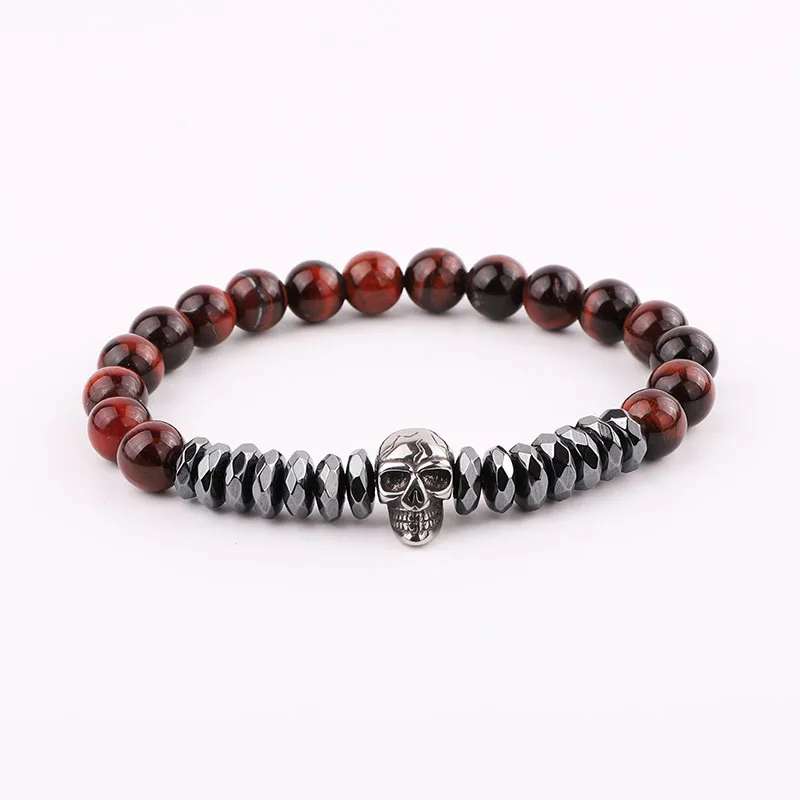New Design Men Bracelet Stainless Steel Skull Charm Hematite Tiger Eye Beads Elastic Bracelet Men Jewelry Gift - Image 5