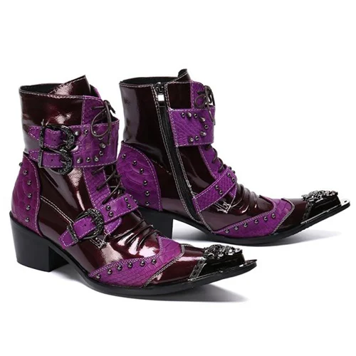 Модные мужские туфли ручной работы на высоком каблуке с металлическим носком; обувь в стиле панк с шипами; мужские ботильоны в байкерском стиле из лакированной кожи с заклепками; SL777 - Цвет: Metal Toe
