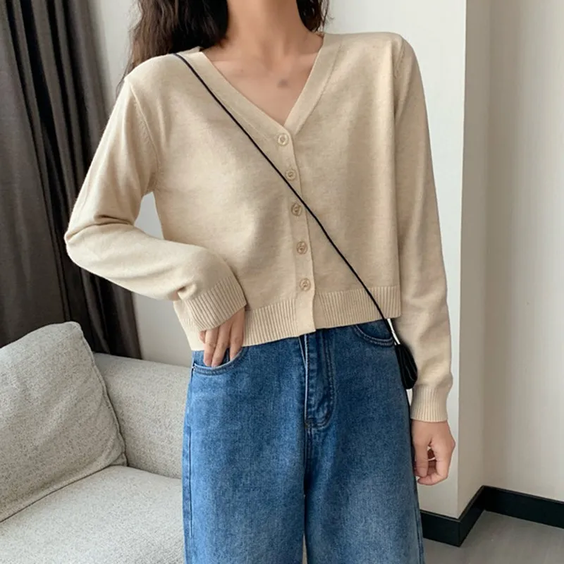 

Women Single-breasted Knitted Cardigan Small Short V-neck Long Sleeve Solid Color Thin Jacket Sweater New Arrivals 2020