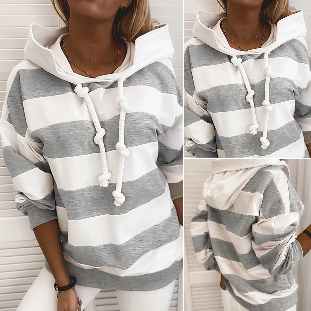 Women Casual Autumn Stripes Color Block Drawstring Hood Sweatshirt Hoodie Blouse Hand Wash with Hood Regular Polyester Spandex