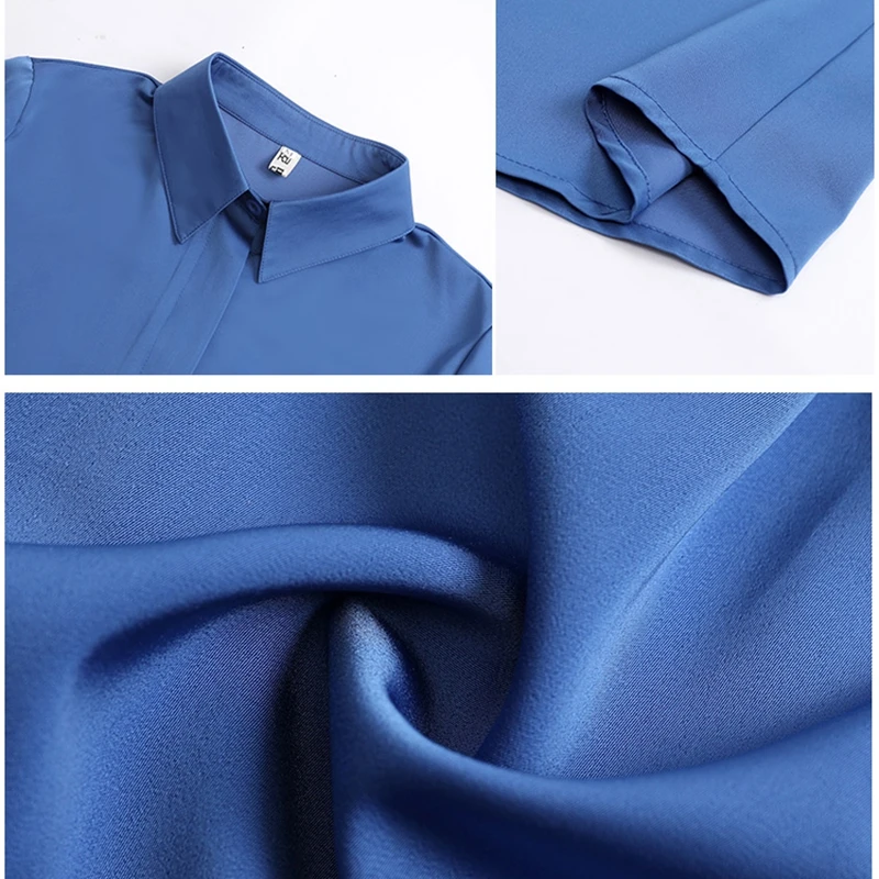TingYiLi Elegant Office Wear Satin Silk Blouse Spring Autumn Long Sleeve Women's Tops Pink Yellow Blue Green Black White Shirt 6