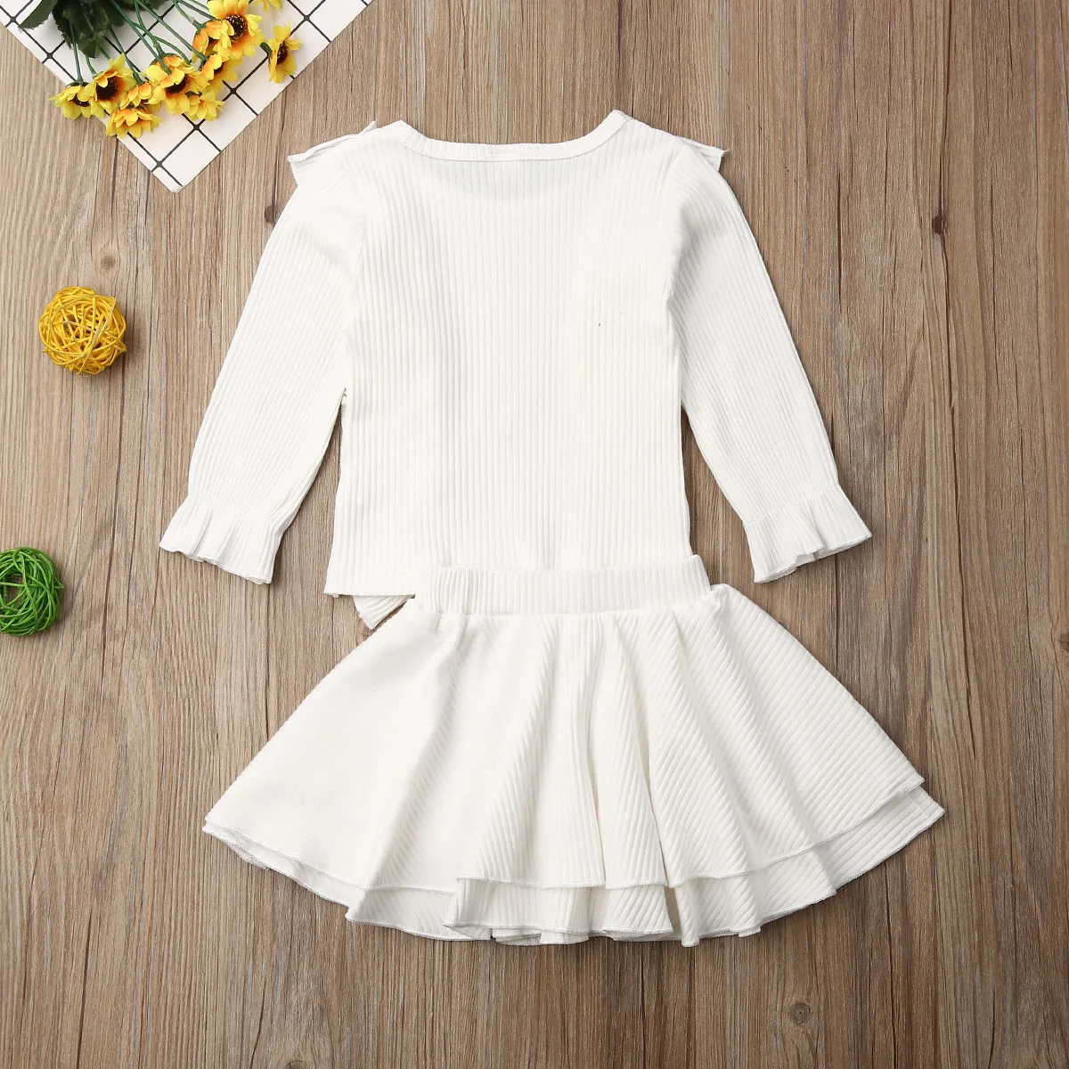 0-24M Cute Newborn Baby Girl Solid Color Long Sleeve Ruffles T-shirt Tops A-line Skirt 2PCS Outfits Baby Clothing Set