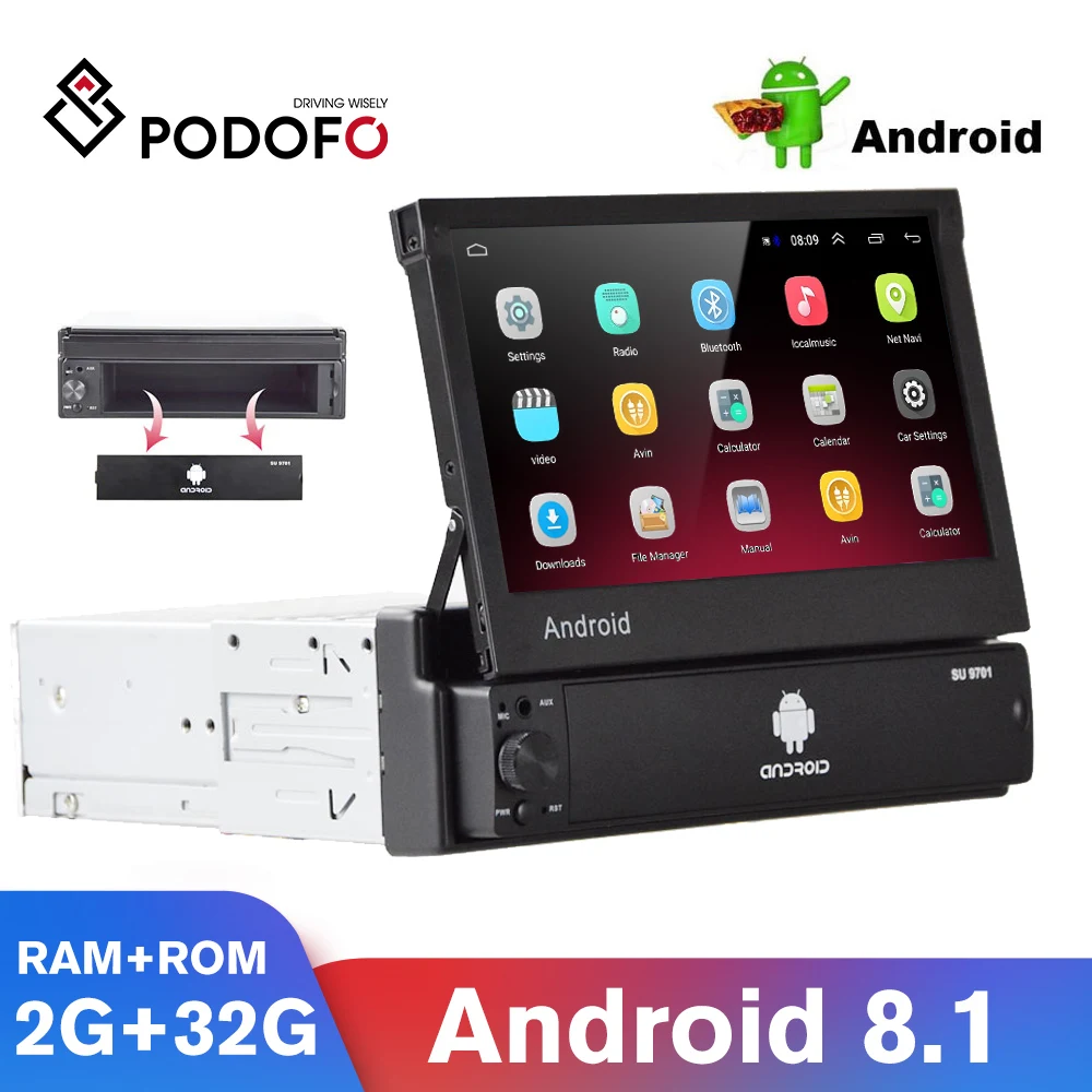 Podofo Android Car Radio Multimedia Player GPS Autoradio 1 Din 7'' Retractable Screen WiFi Bluetooth MP5 1 DIN Multimedia Player