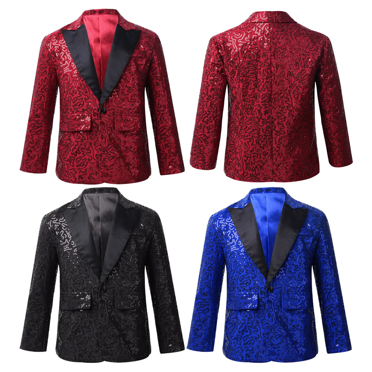 Kids Boys Blazer Jacket Long Sleeve Shiny Sequin Gentleman Suit Tuxedo Coat for Wedding Banquet Birthday Party Stage Performance