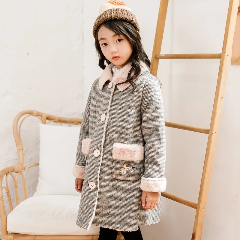 

Girls Woolen Coat Autumn And Winter Korean-style Mid-length Thick Plaid Western Style GIRL'S Woolen Jacket