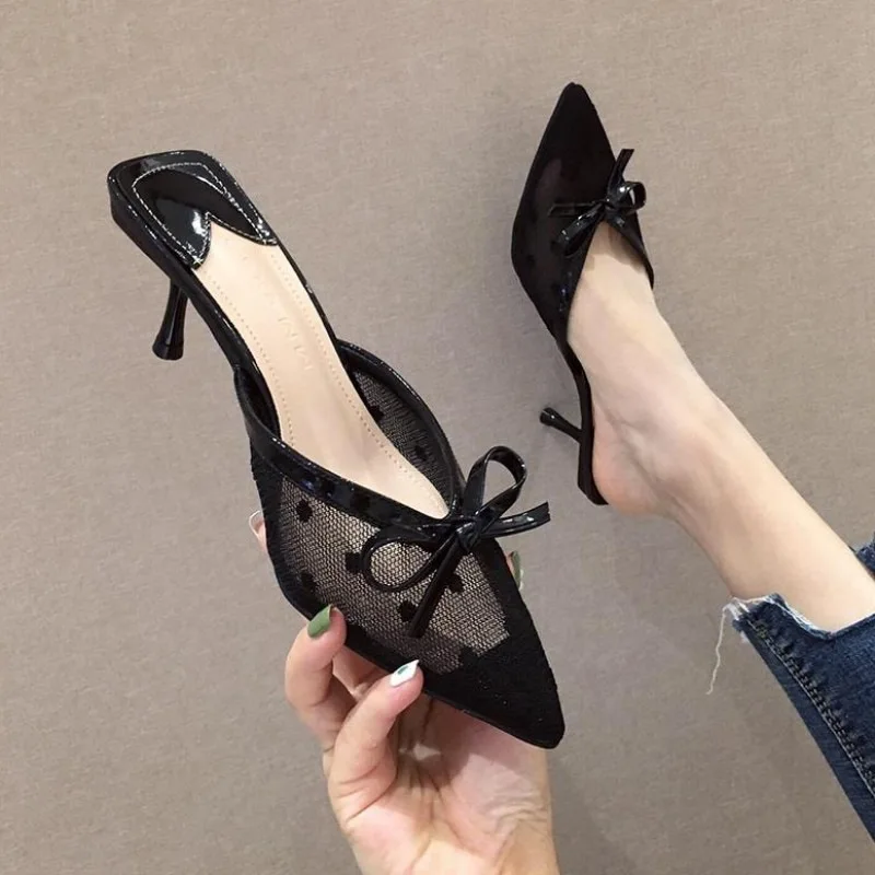 

Women's Slippers 2019 Thin Heels Shoes Med Butterfly-knot Heeled Mules Cover Toe Slides Shallow Lady New High Girl Pumps Sexy
