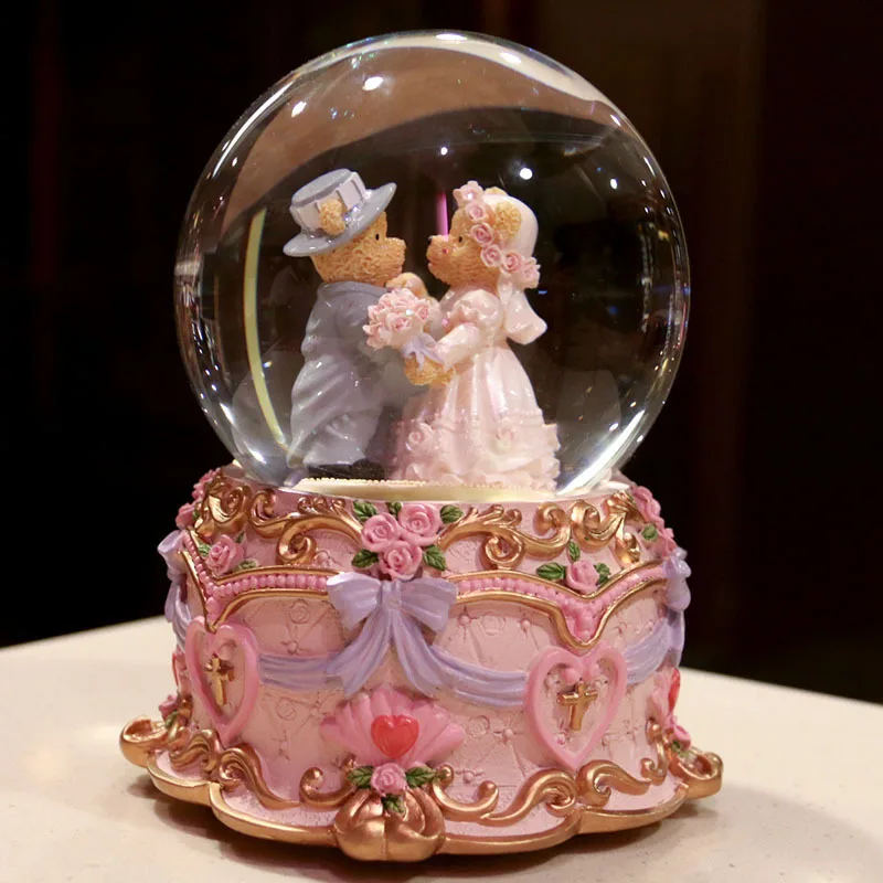 Free shipping Self-blown Snowflake Bear Crystal Ball Music Box Eight-tone Box for Girls'Birthday Gifts