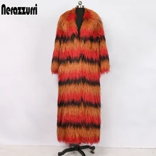 Nerazzurri удлиненный зимнее женское меховое пальто из искусственного меха с зубчатым отворотом, разноцветное градиентное пальто из искусственного монгольского меха, верхняя одежда шуба женская большого размера 6xl 7xl