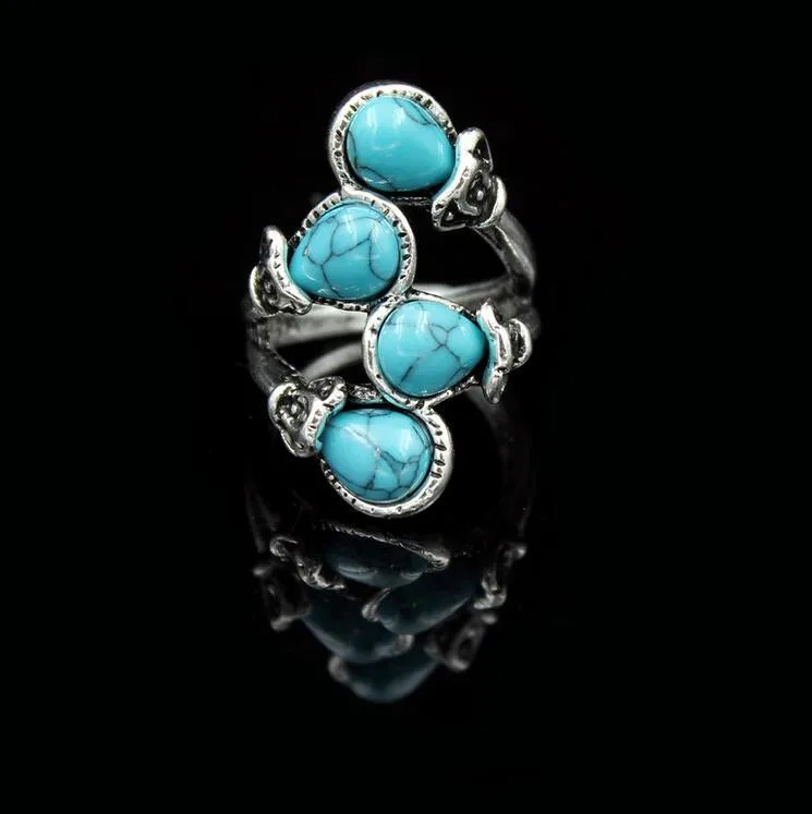 Fashion Bohemia Calaite Stone Rings Tibet Antique Silver Color Rings Alloy Carving Rings Leaf Branch Finger Rings For Women - Цвет основного камня: Blue