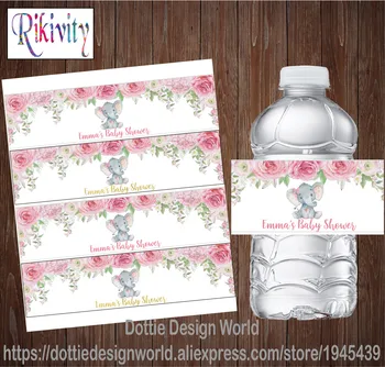 

20pcs Custom Elephant Girl Baby shower floral Water Bottle Labels Waterproof Candy Bar Wrapper Sticker Birthday Party decoration