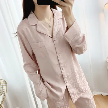 

20 Autumn Winter Thin High-quality Ice Silk Jacquard Leopard Print Long Sleeve Home Wear Ladies Underwear Set Plus Size Lingere