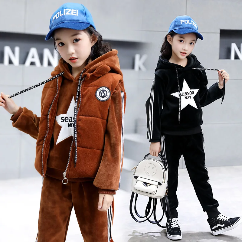 

2019 Autumn Winter Baby Girls Boys Clothing Sets Kids Casual star print Hooded Thicken Velvet jacket vest pant 3pcs set Clothes