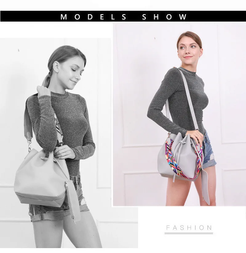 

Women bag with Colorful Strap Bucket Bag PU Leather Shoulder Bags Brand Designer Ladies Crossbody messenger